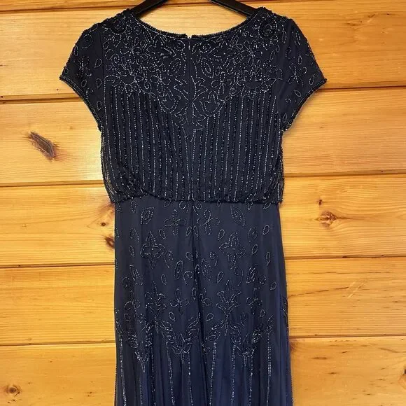 Adrianna Papell Women's Beaded Short-Sleeve Sheer-Overlay Gown Dress Size 8